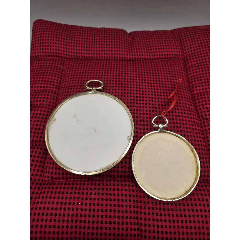 Vintage Finished Cross Stitch Christmas Ornaments Set 2 Angel House Hoop Frame